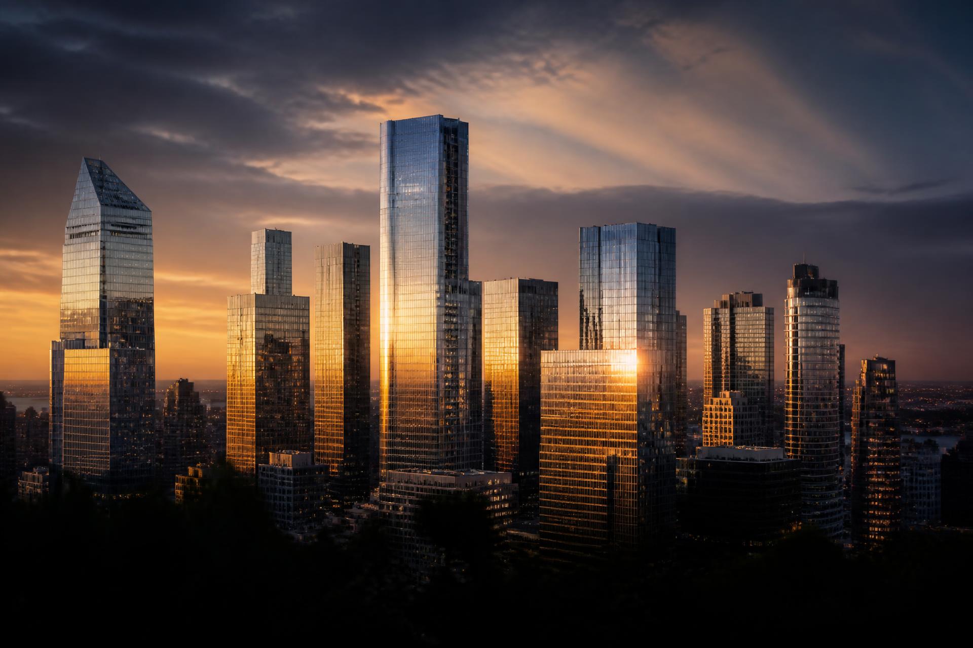 Luxury skyline of modern commercial real estate at golden hour