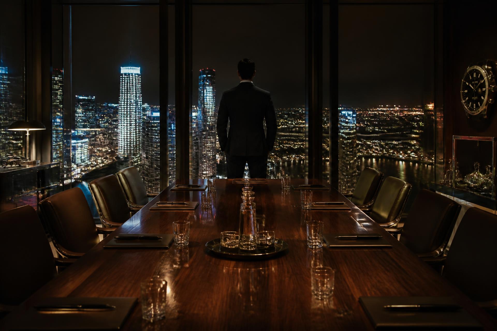 Sophisticated boardroom on the top floor overlooking the city at night