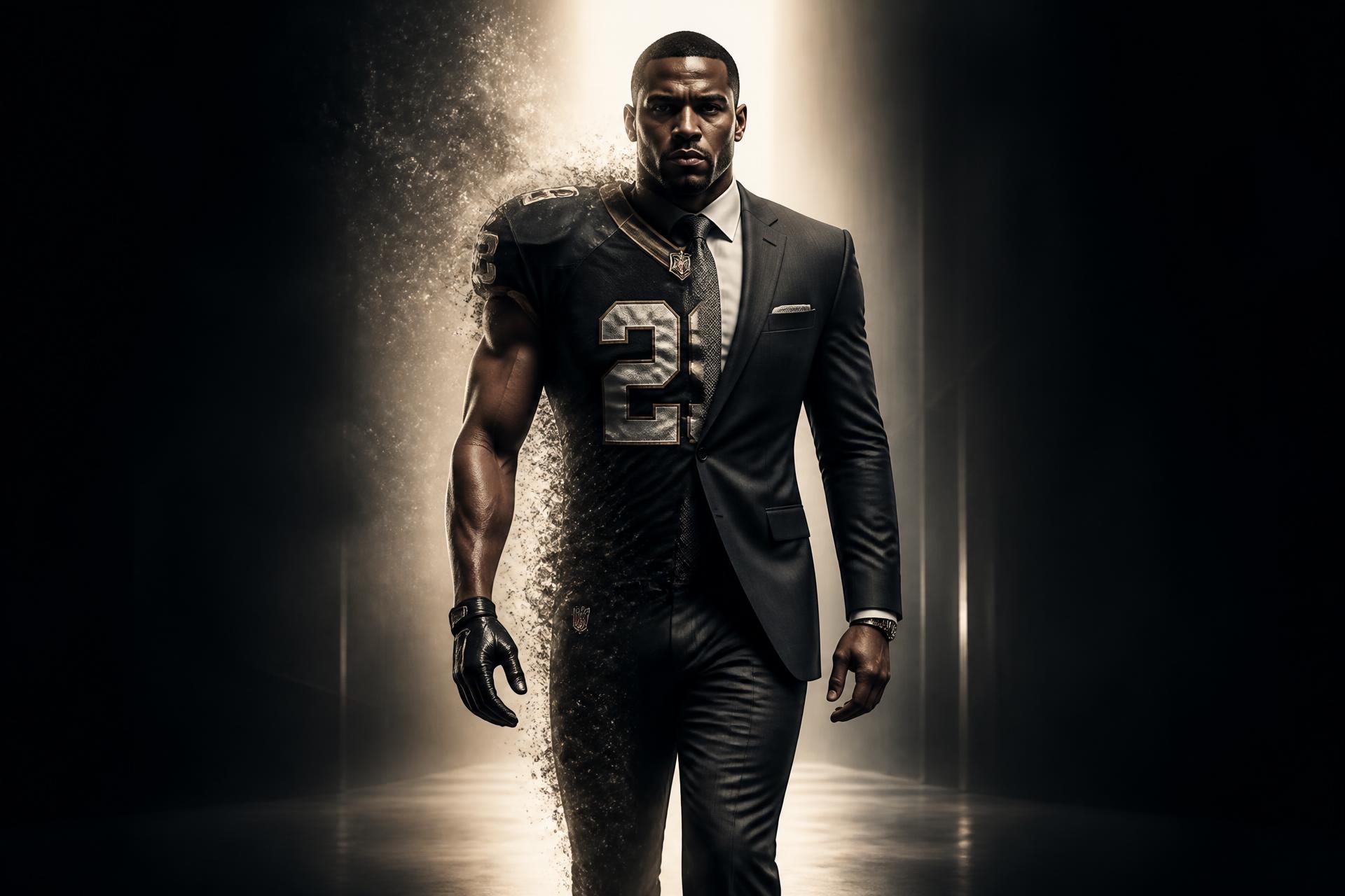 Athlete walking forward as his uniform transforms into a tailored business suit